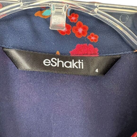 eShakti Shirt Dress Blue Floral Collared A Line Size 4 Short Sleeve Knee Length - Picture 8 of 9